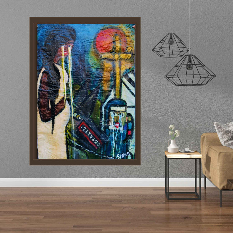 Painting "The New Joy" by notorious bank robber artist Simon Kerr in a mock up image, available at Red Peach Gallery