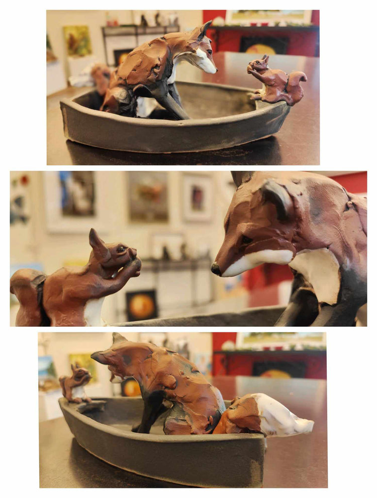 Three different views of a ceramic fox and squirl in a boat