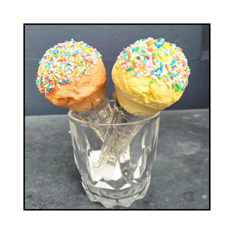 3D acrylic sculpture of a mango or vanilla ice cream cone topped with colourful candy sprinkles, in a clear cone – a nostalgic nod to summer treats
