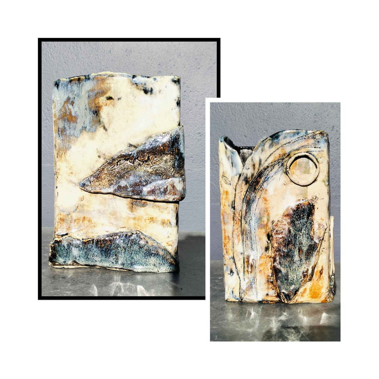 ceramic vase by Storm Davenport with organic imperfection. Rectangular in form, it features layered pieces of clay, with the front join overlapping creating a sculptural surface that feels both raw and deliberate