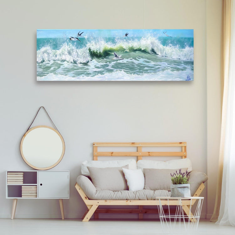Bari Duncan's painting of the sea and seagulls orientation landscape in a stylish looking sea side home