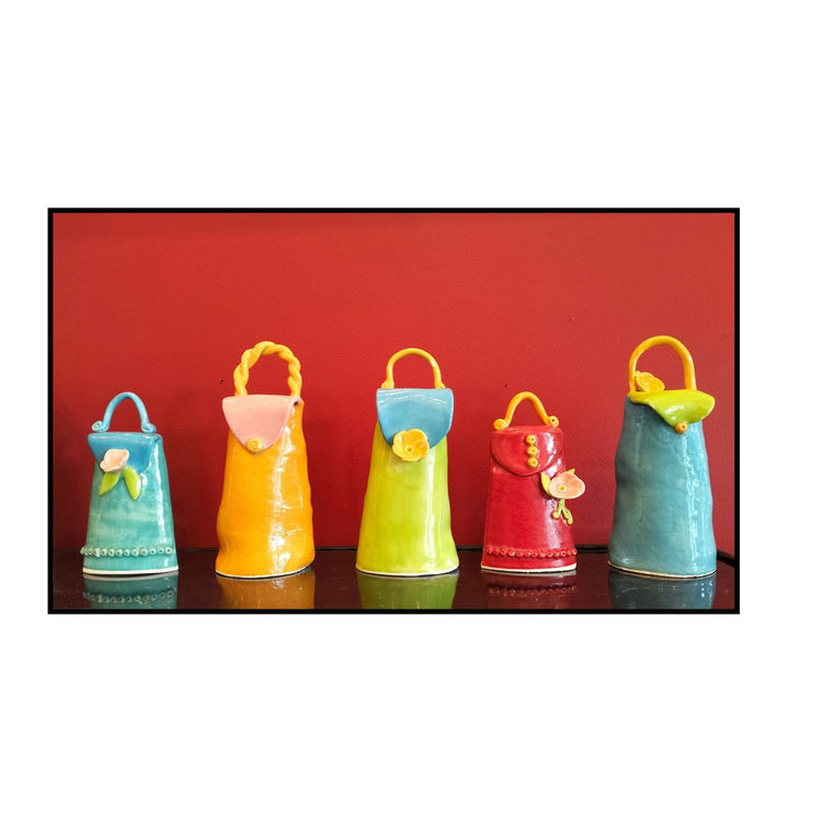 Row of five colourful little hand made ceramic purses