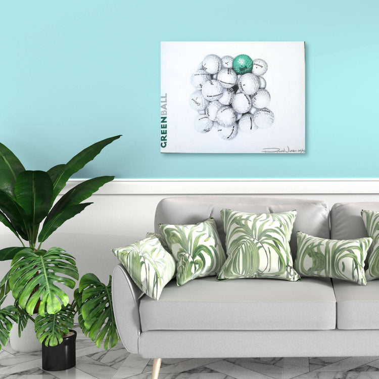 Painting of golf balls on white background in a home style set up, artist David Jung