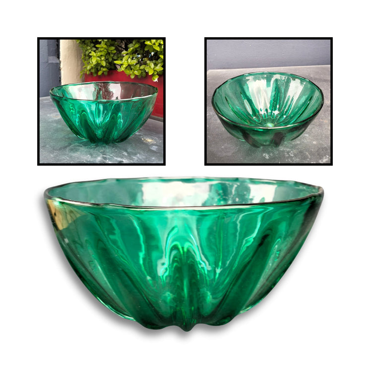 Green blown glass art bowl by artist Heather Kremen