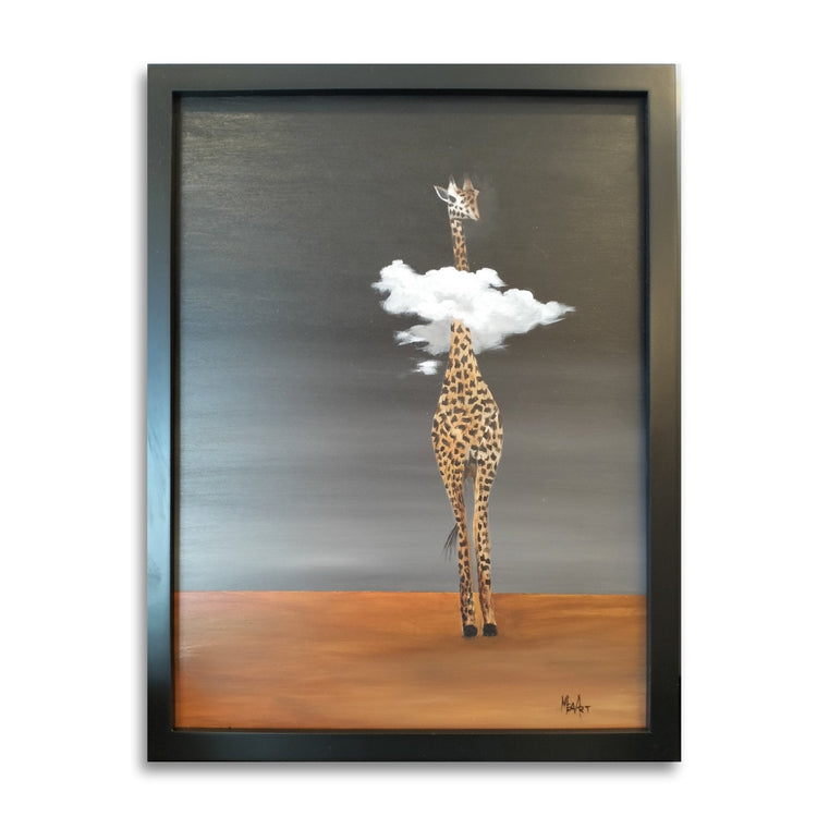 Whimsical painting of a giraffe with a cloud around its next, painting by artist Marion Aitken