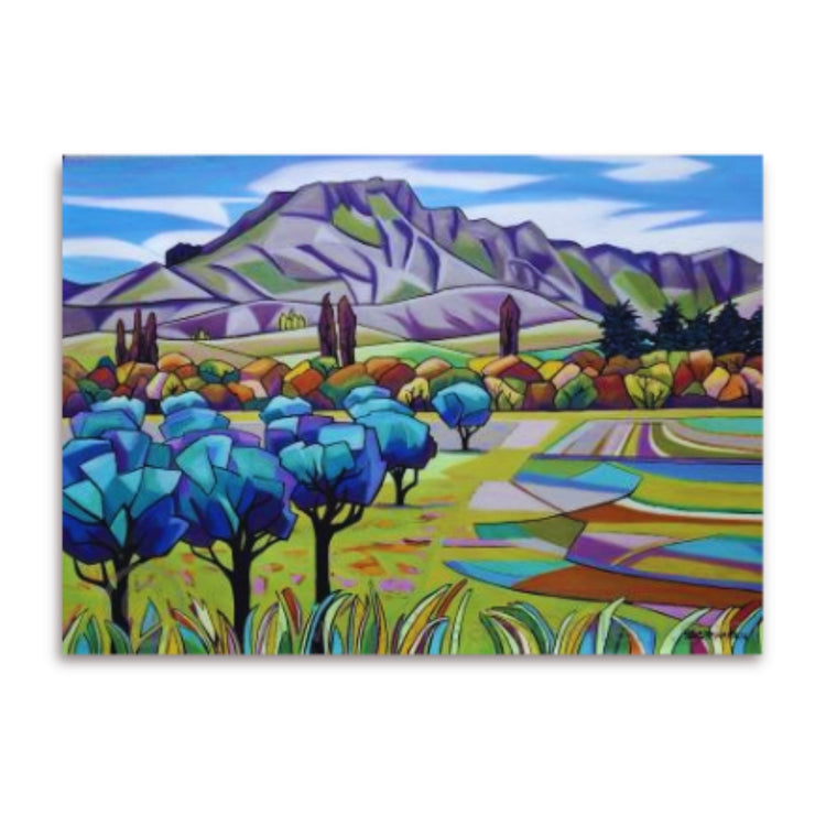 Olives in the Valley painting by Helena Verhaaren showing a colourful landscape with olive trees, patchwork farmland, and Te Mata Peak in the background on white background