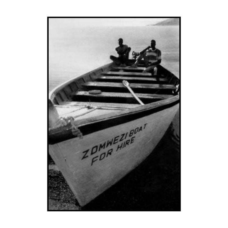 Pencil and charcoal drawing of a row boat and two people by artist Bruce Mortiner by