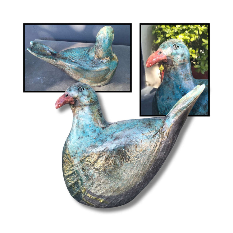 Handcrafted raku ceramic kererū sculpture by Sophie Lankovsky