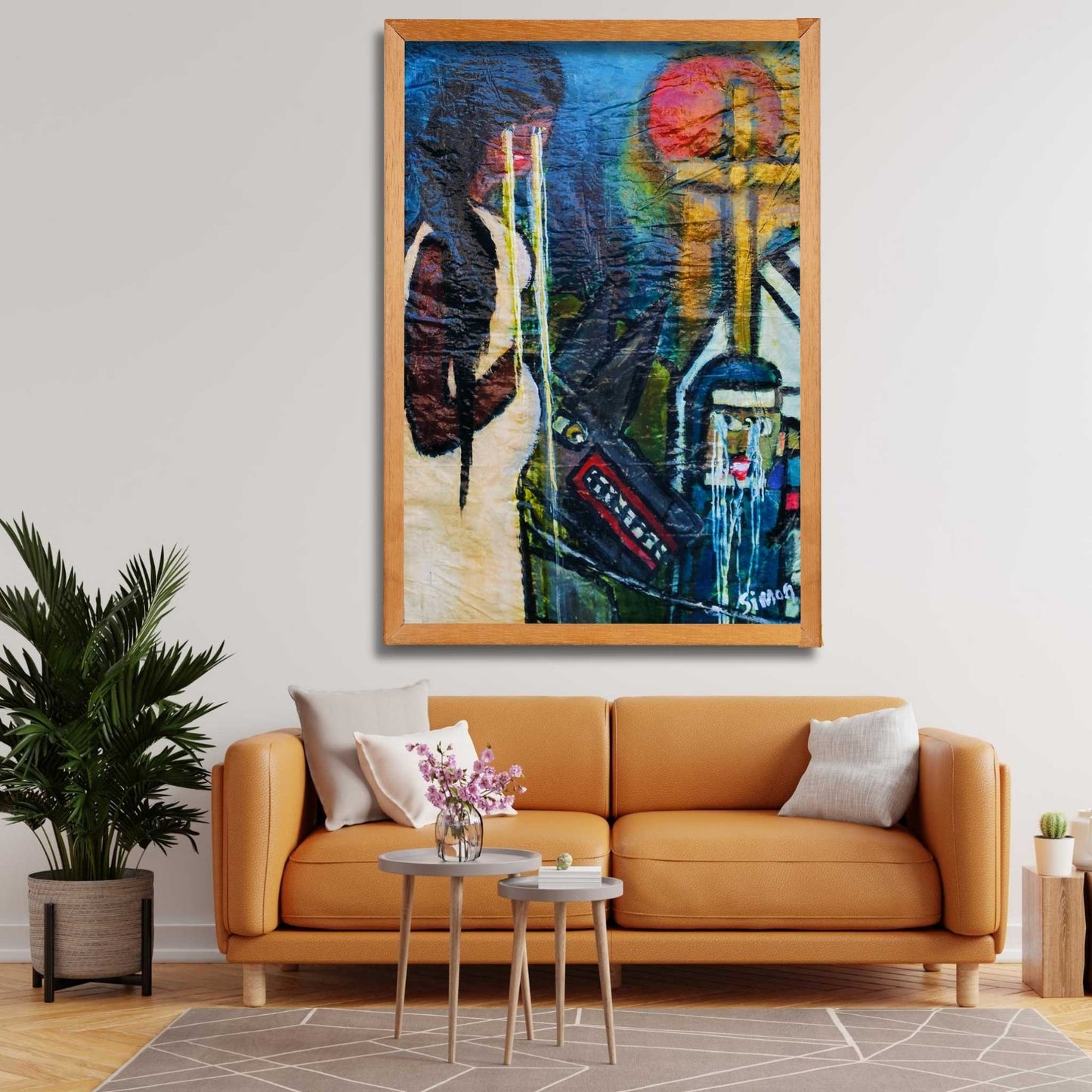 The New Joy by Simon Kerr displayed in a modern living room, adding warmth and depth to the space.