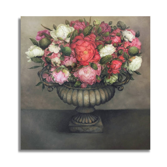 Painting of a Floral arrangement in an urn on a textured background on white by artist Teri Parat