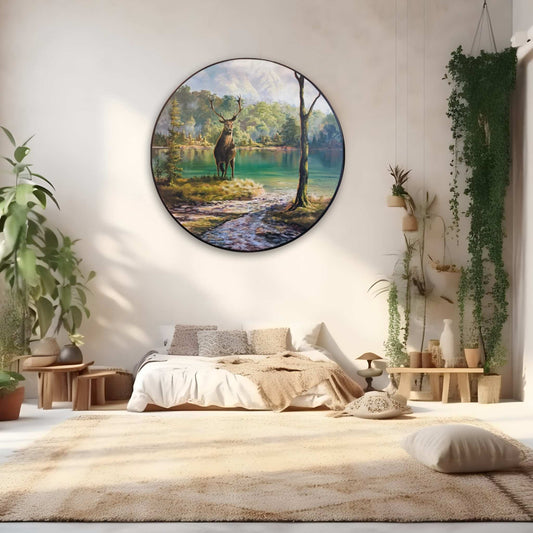 Monarch painting by Maree White displayed on a bedroom wall, showing a round canvas with a stag by a river under a blue sky.