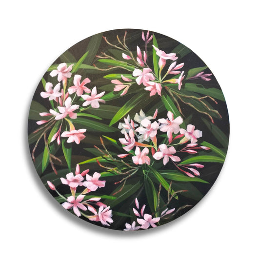 Deception floral painting by Susan Vorster – soft pink flower with lush foliage in misty style.
