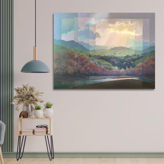 Brent Redding’s landscape painting “Piercing the Cloud Cover” displayed above a modern side table in a contemporary interior.