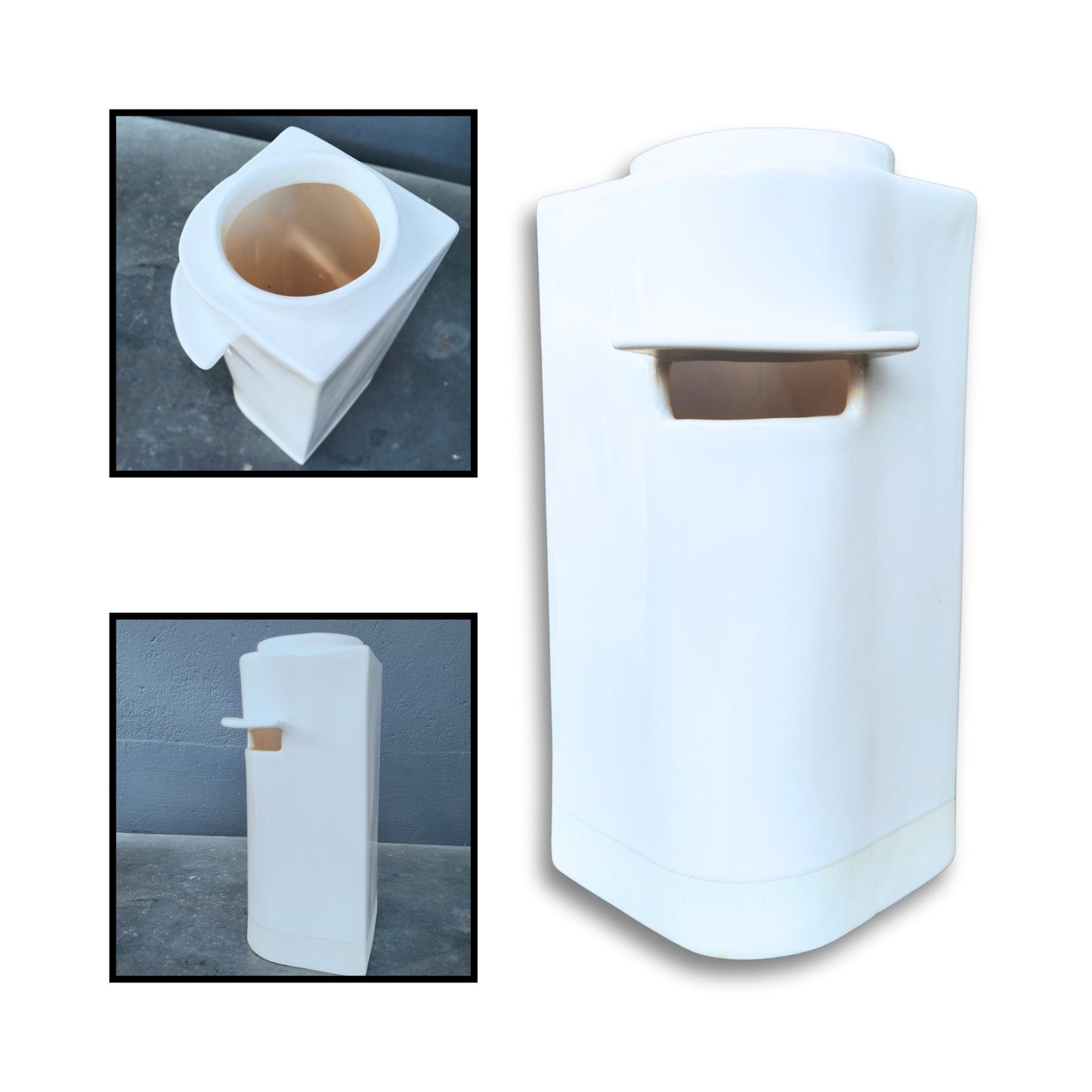 Glossy white slab-built corner vase with curved front edge and letterbox-style cut-out, handcrafted by Greg Melville.