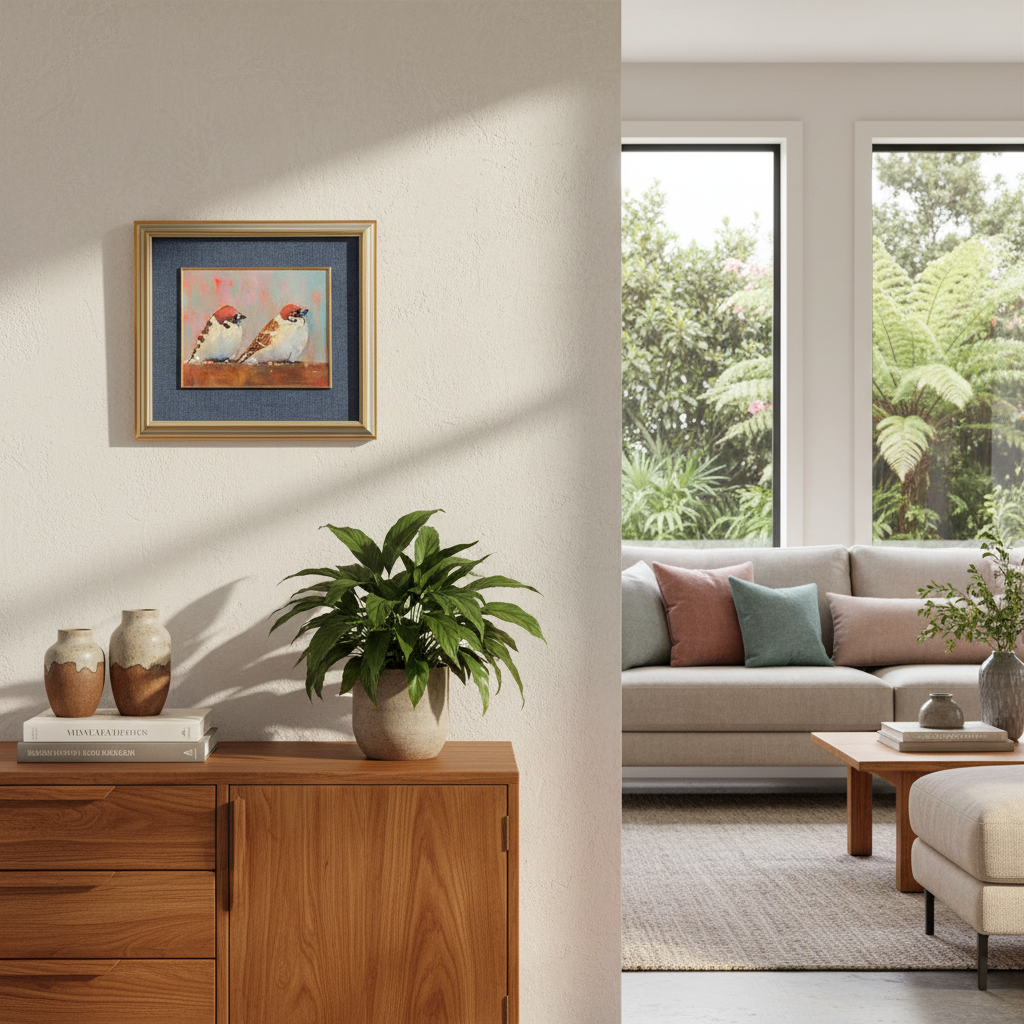 A Quiet Chat by Jane McIntosh displayed in a contemporary NZ home interior, framed oil painting of two sparrows in warm pink and teal tones