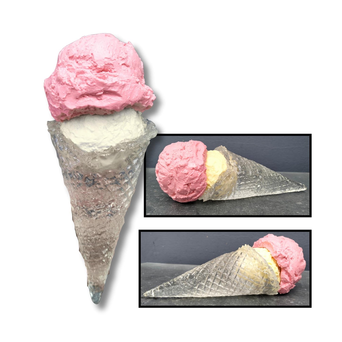 Ice cream cone with pink and white ice cream, shown from different angles on a white background.