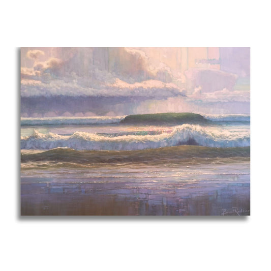 Original seascape oil painting by Brent Redding with turquoise waves and a stormy sky in soft colours.