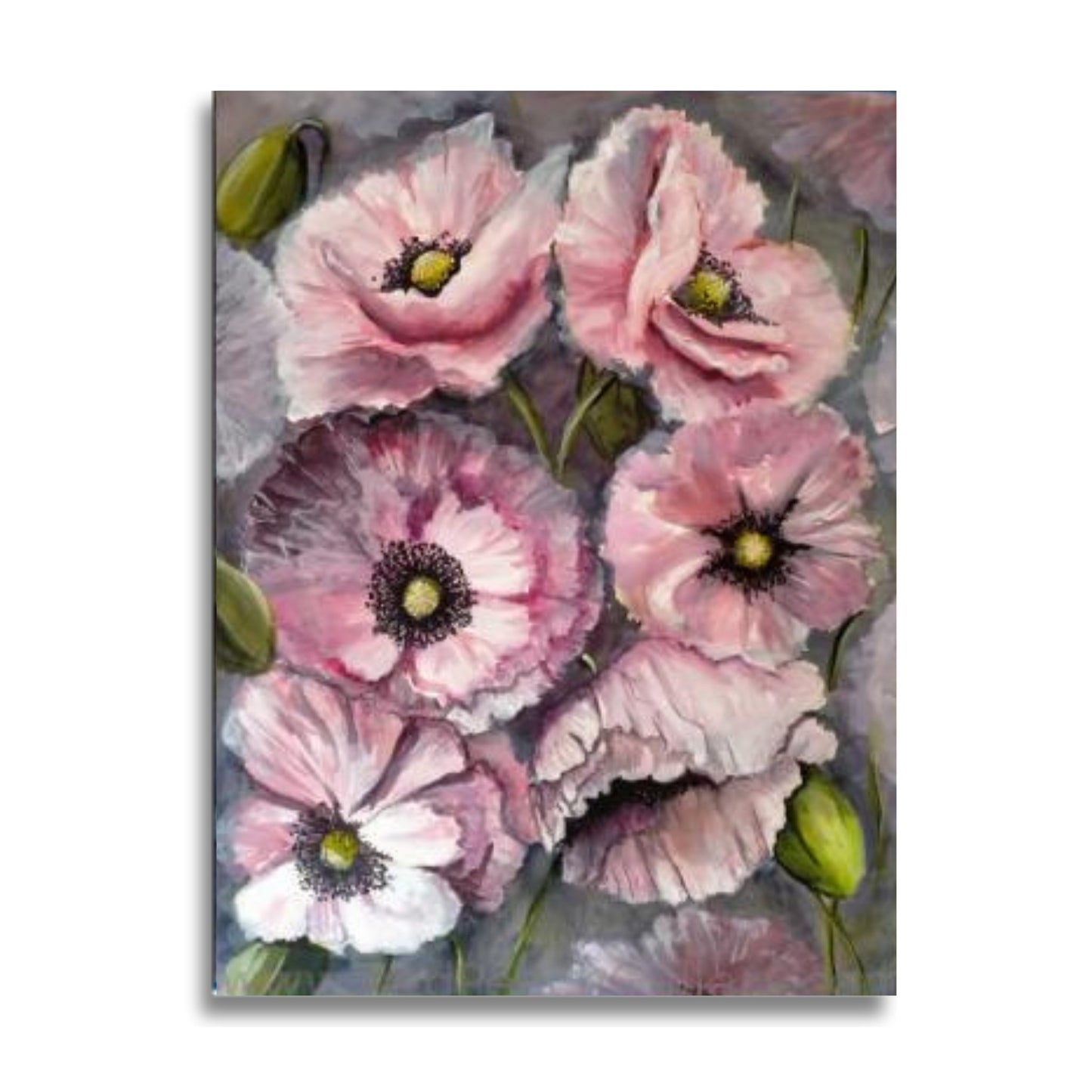 Close-up floral watercolour by Mari Moore titled Amazing Grayz, featuring pink layered blooms with delicate brushwork on white background