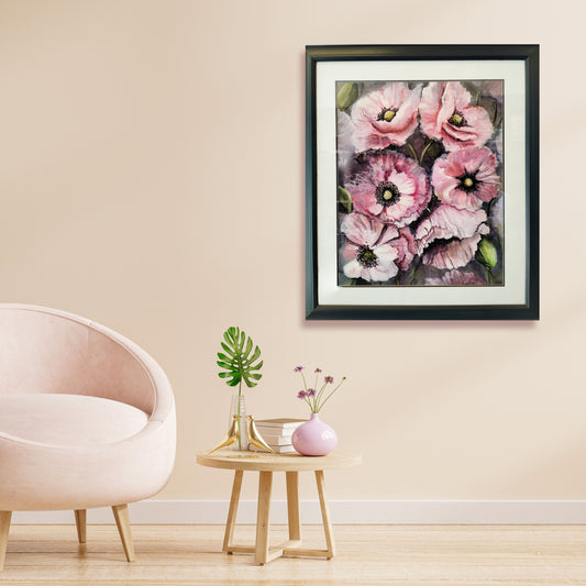Floral Watercolour by Mari Moore titled Amazing Grayz, featuring pink layered blooms with delicate brushwork with a white matt and dark frame, in lifestyle mockup.
