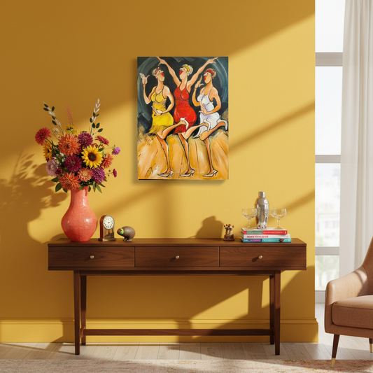 Art Deco Fun painting by Chloe King displayed in a stylish home, bringing joyful 1920s dancing energy to the space