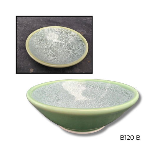 Brian Gartside B120  #B ceramic bowl featuring soft turquoise glaze with white accents in organic flowing pattern