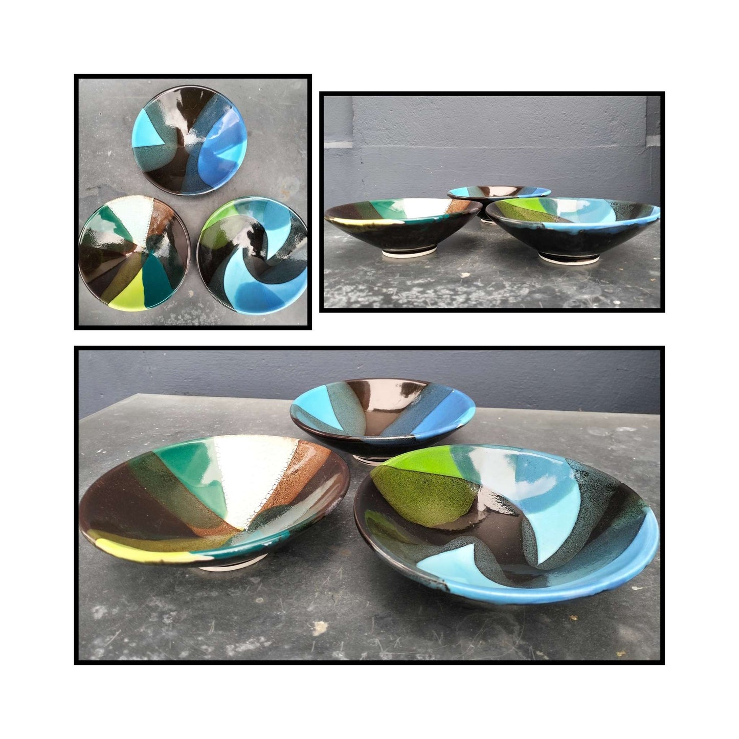 Handcrafted ceramic bowls size 140mm by Brian Gartside with painterly earthy colours