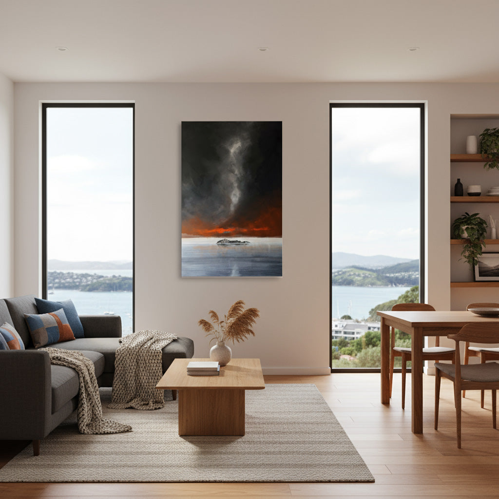 Bruce Mortimer’s Bare Island artwork capturing Hawke’s Bay coastline in dramatic colour in lifestyle mock up