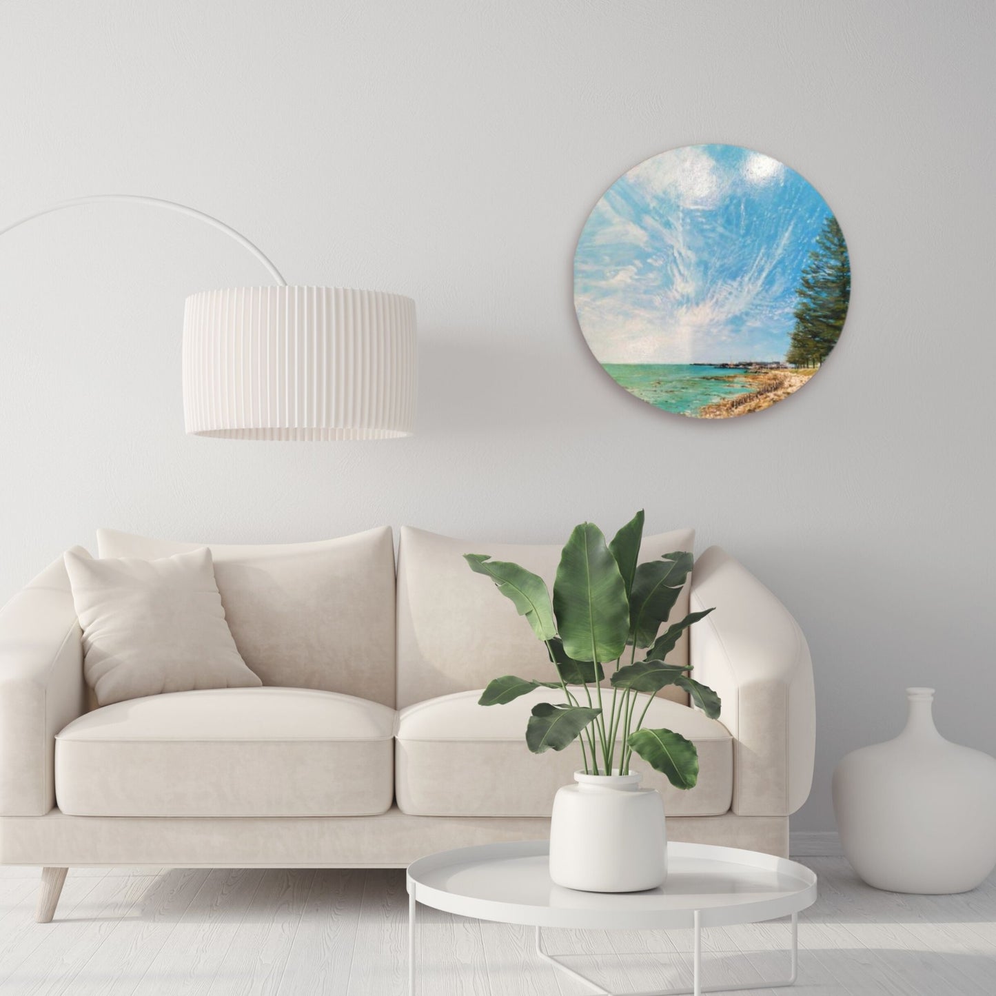 oastal landscape artwork with pines, grassy path, and horizon over the sea, round format by New Zealand artist Bari Duncan in lifestyle mock up