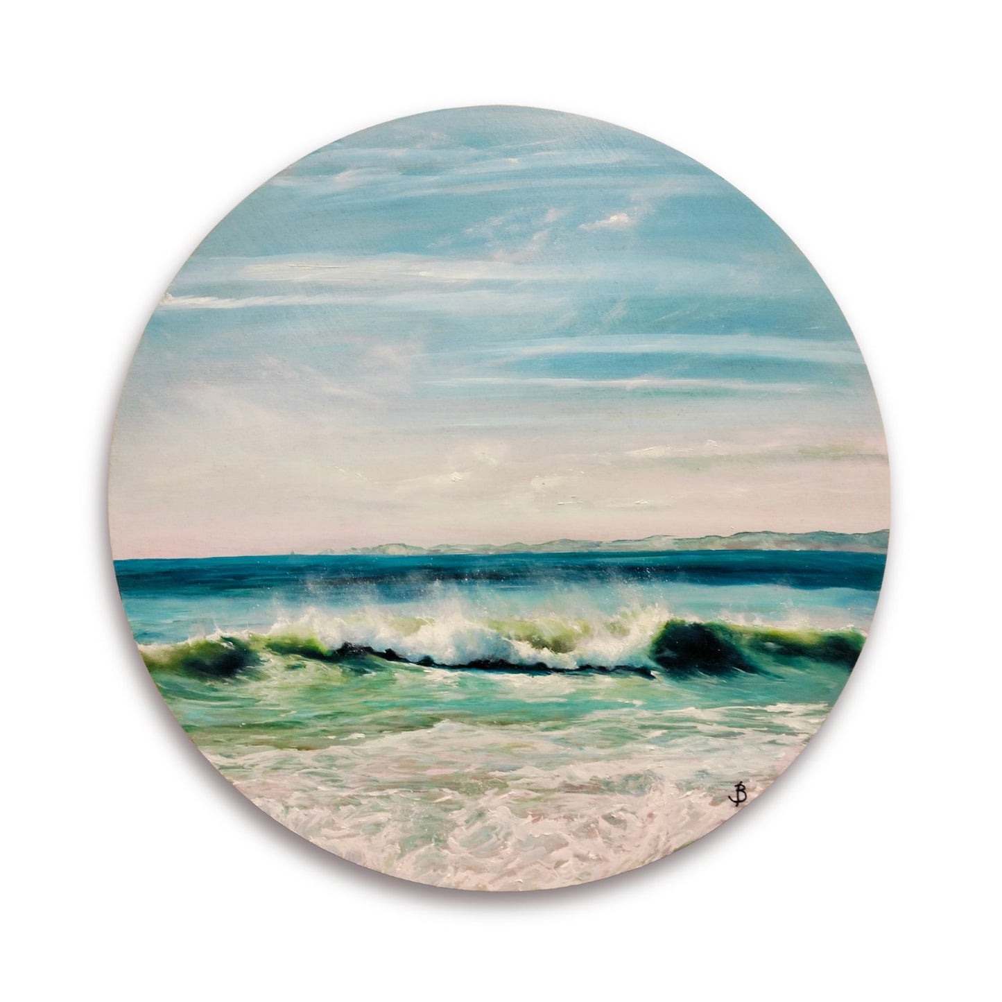 ocean painting on a round board in soft aqua and blue tones  by Bari Duncan, displayed white wall