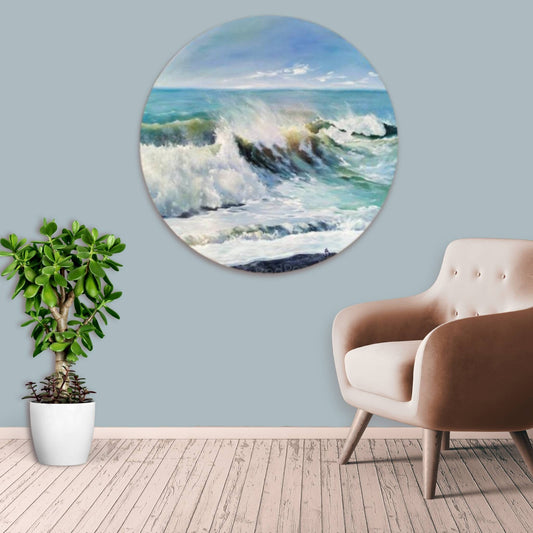 ocean painting in soft aqua and blue tones  by Bari Duncan, displayed on a pale blue wall in a living room mockup