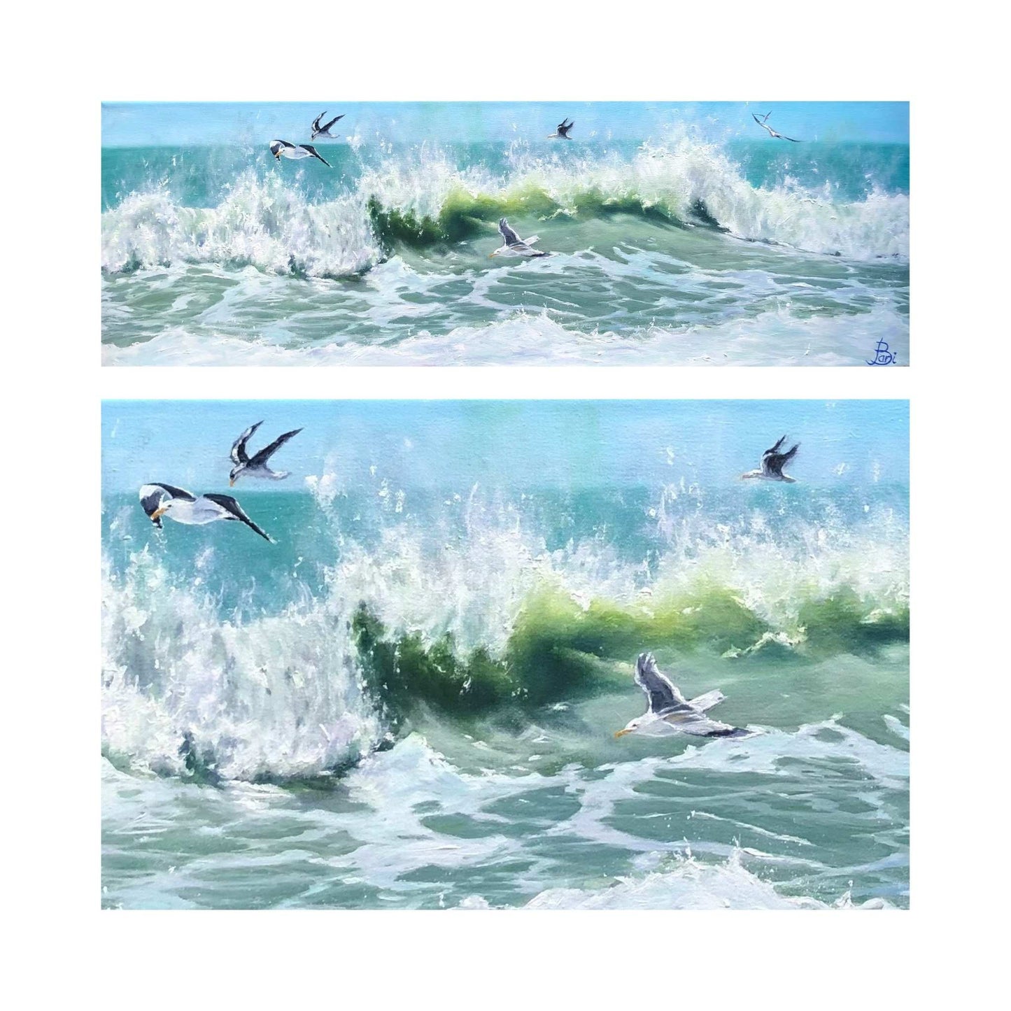 Full and close up part of the painting, the hunters by artist Bari Duncan