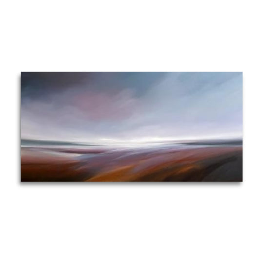 Rectangular abstract painting ‘A Beautiful Autumn Day’ by Tut Blumental featuring deep autumnal browns, maroons and a soft horizon under a large sky.