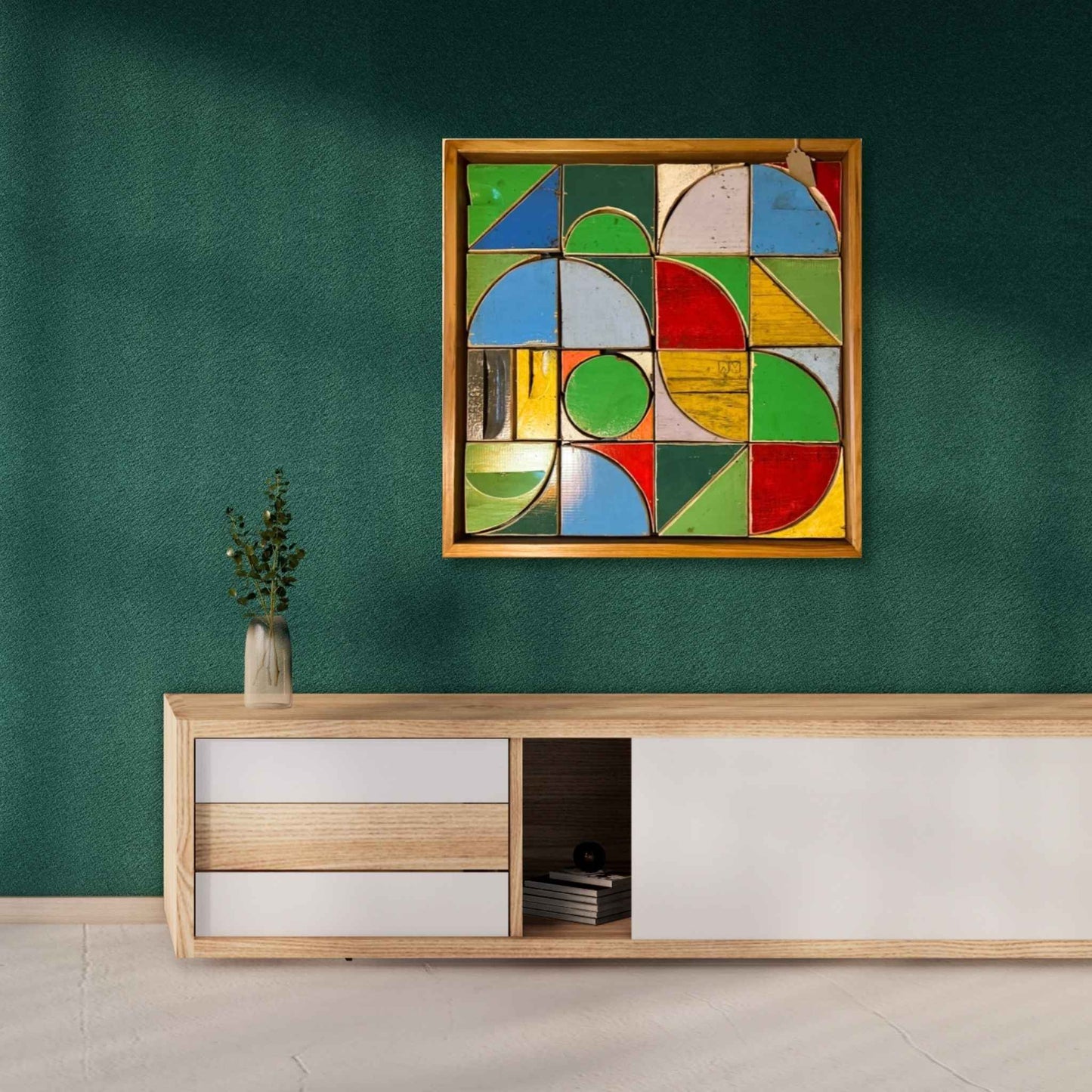Alt Text (Mock-up):
Bee’haus #10 geometric beehive art by Lee Pritchard displayed in a modern living space with warm tones