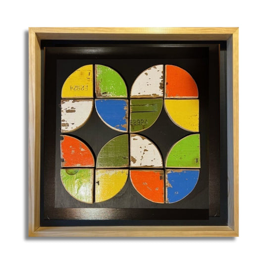 Bee’haus #15 by Lee Pritchard – geometric artwork crafted from reclaimed beehive wood with black background and pine frame