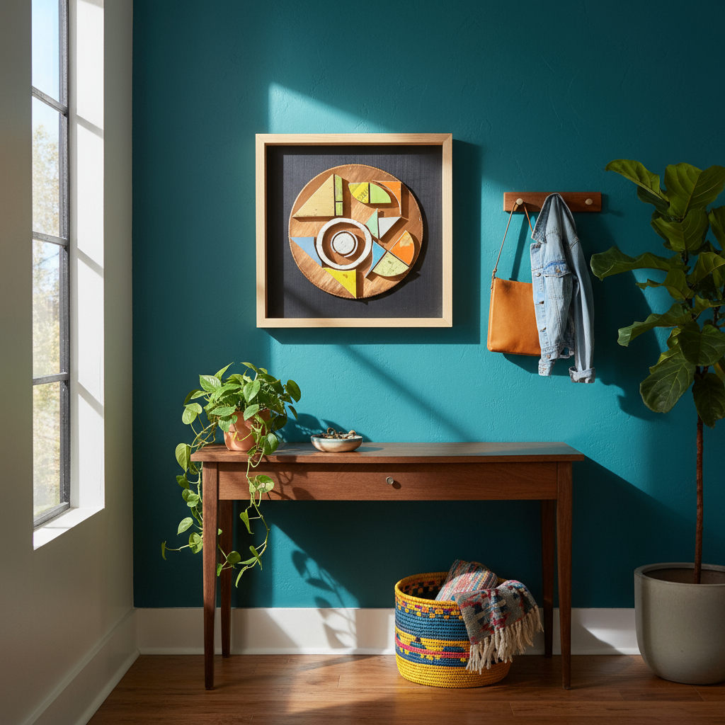 Pop by Lee Pritchard shown in a contemporary interior, featuring vibrant reclaimed beehive wood shapes on a copper circle.