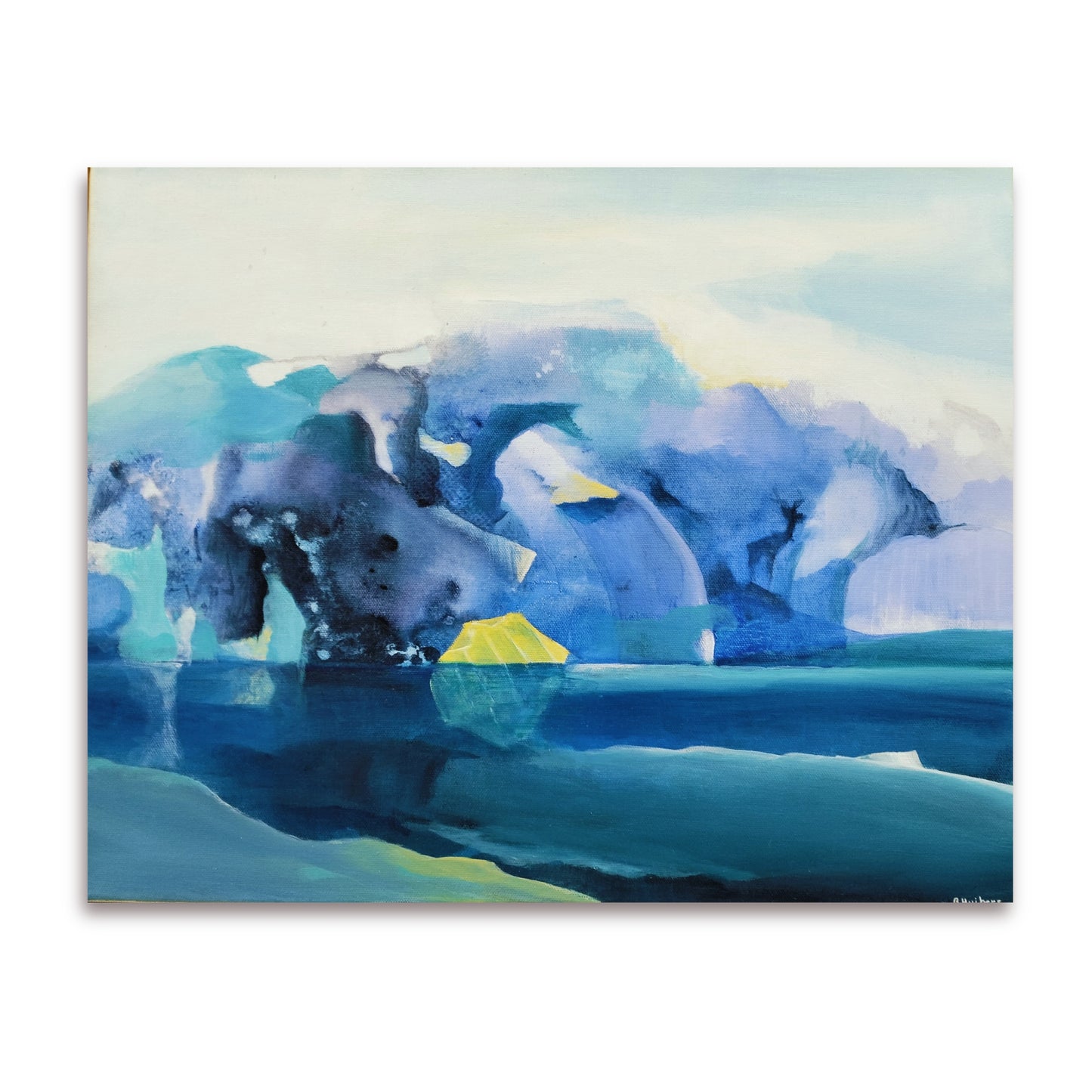 Blue Metamorphosis abstract acrylic painting by Bettie Huibers in soft blue and white tones, evoking an Antarctic landscape on white background