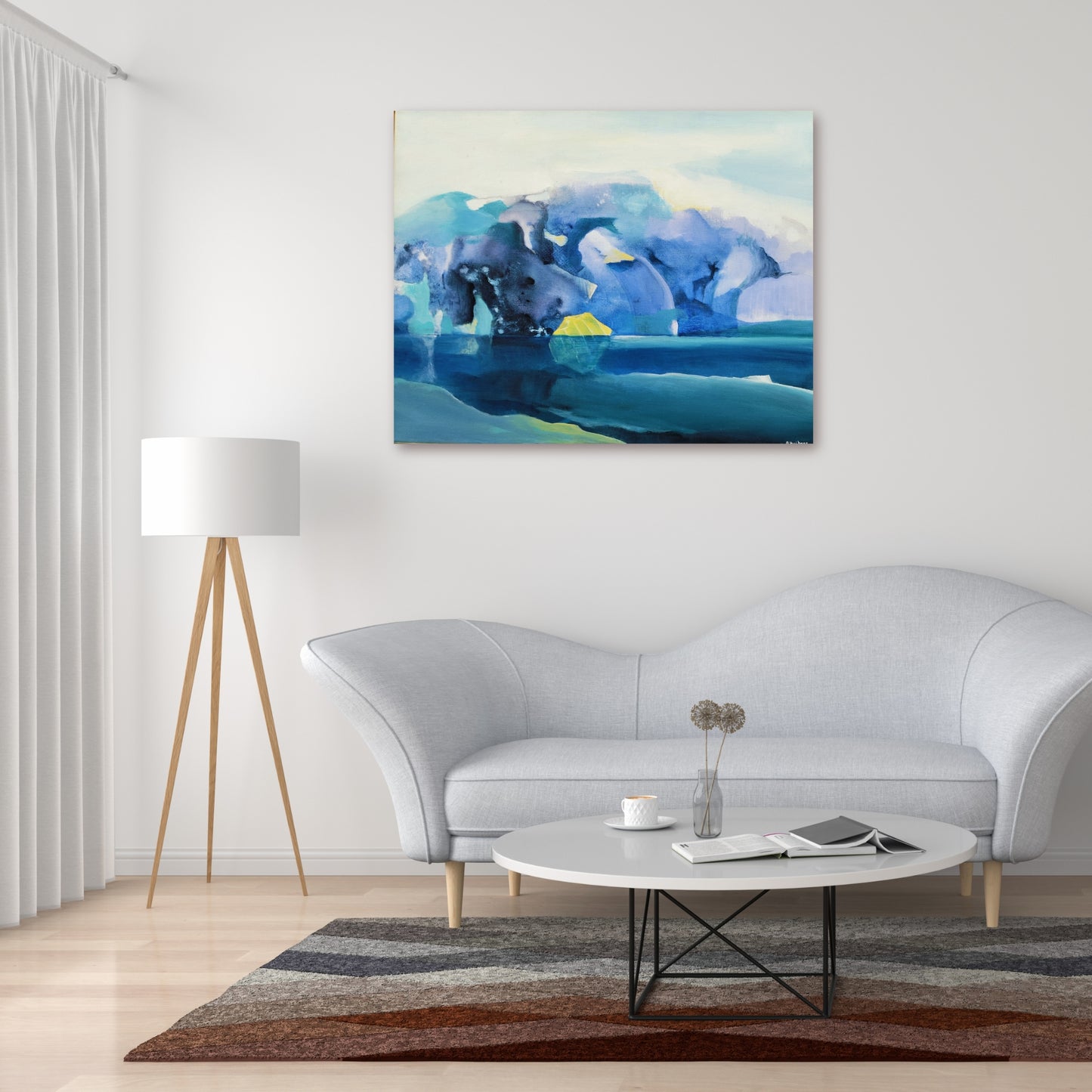 Blue Metamorphosis by Bettie Huibers displayed on a wall in a modern interior setting, showcasing abstract blue and white textures