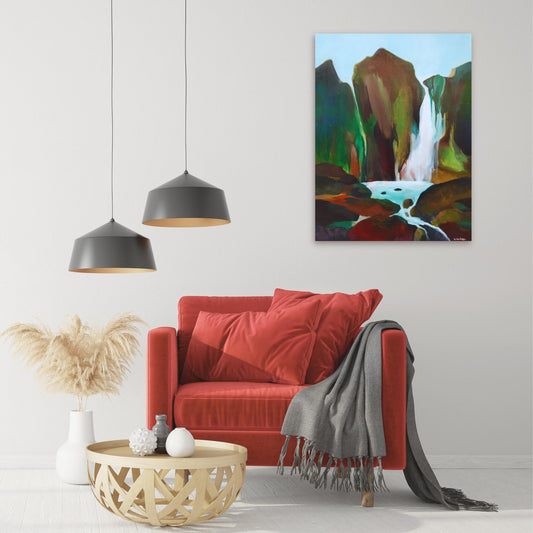 Waterfall painting by Bettie Huibers displayed in a modern room, highlighting textured greens and a central waterfall