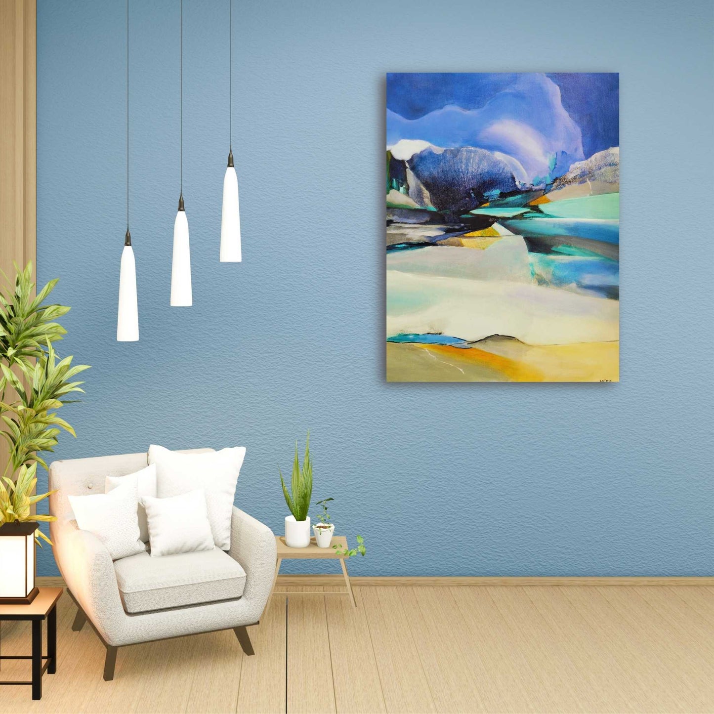 Winter Feeling painting by Bettie Huibers styled in a contemporary interior, showing layered cool colours and an icy mood