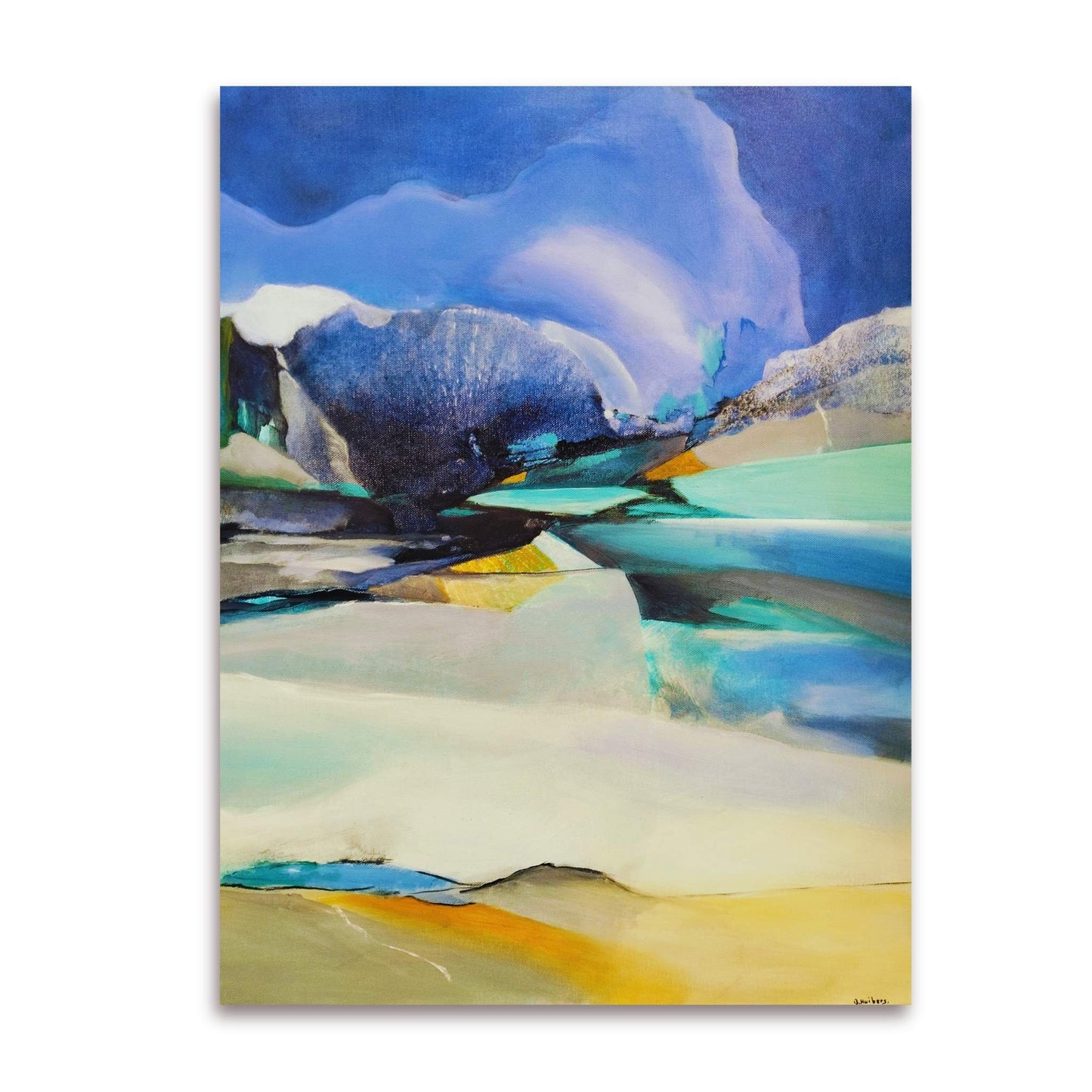 Winter Feeling abstract acrylic painting by Bettie Huibers in blue, turquoise, and white tones suggesting a frozen landscape on white background