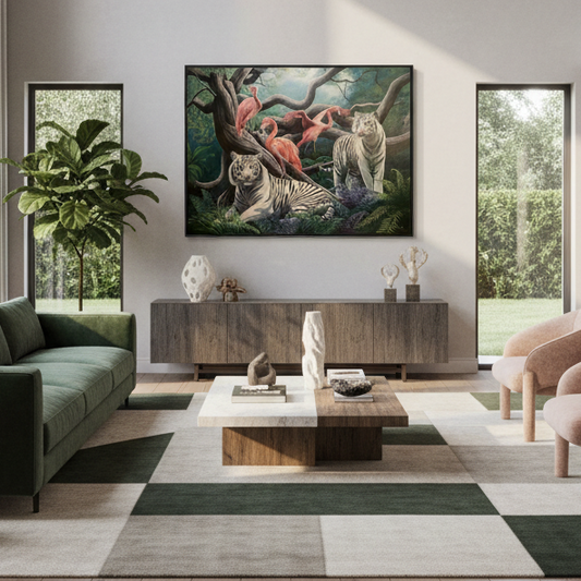 Lauren Worsley Bewitched large white tiger forest painting hung as a statement artwork in a grand contemporary New Zealand home interior, Red Peach Gallery Napier