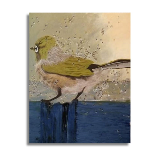 Acrylic bird painting by Teresa Corbishley featuring waxeye mid-shake on white background