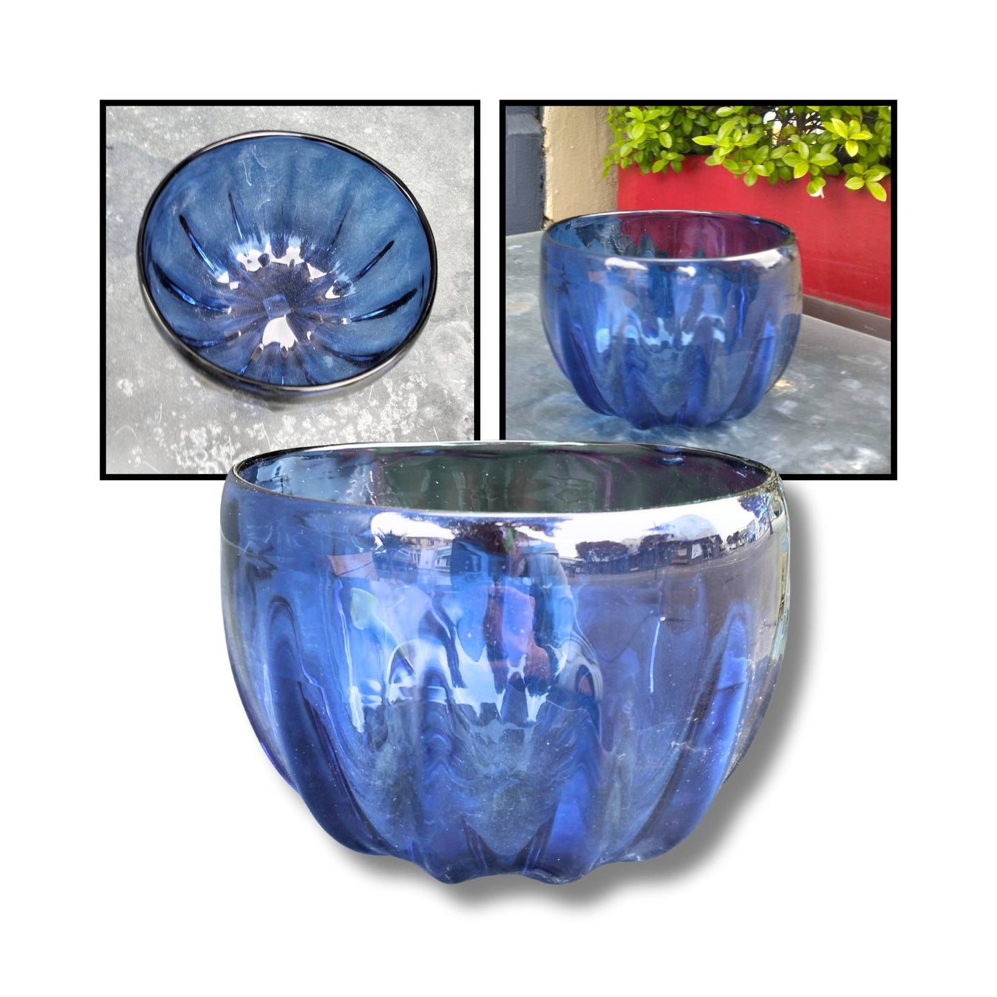 Navy blue handblown glass bowl with subtle sparkle, crafted by NZ glass artist Heather Kremen.