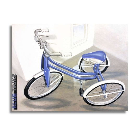 Blue tricycle on a white background with 'Blue Trice' branding - by artist David Jung