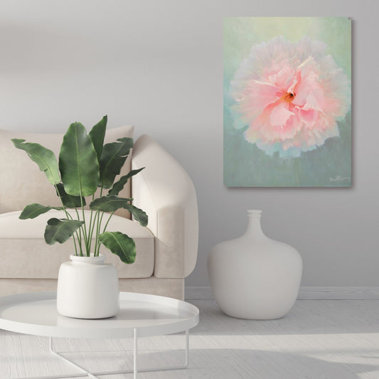 Peony painting by Brent Redding styled in modern interior – elegant New Zealand floral artwork for home decor