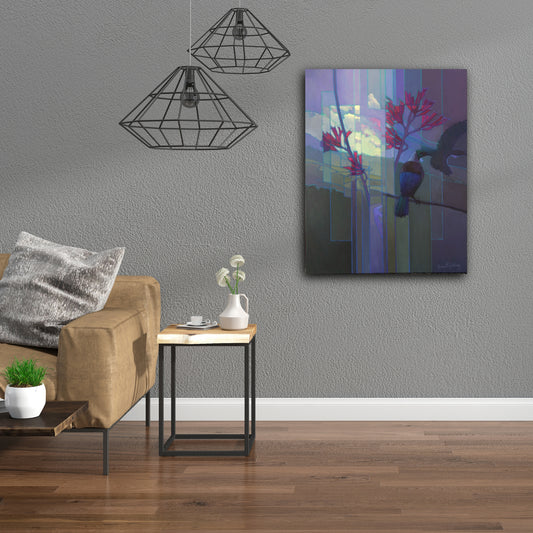Window in the Weather" by Brent Redding – tui bird acrylic artwork shown in modern interior setting, highlighting NZ nature-inspired design.