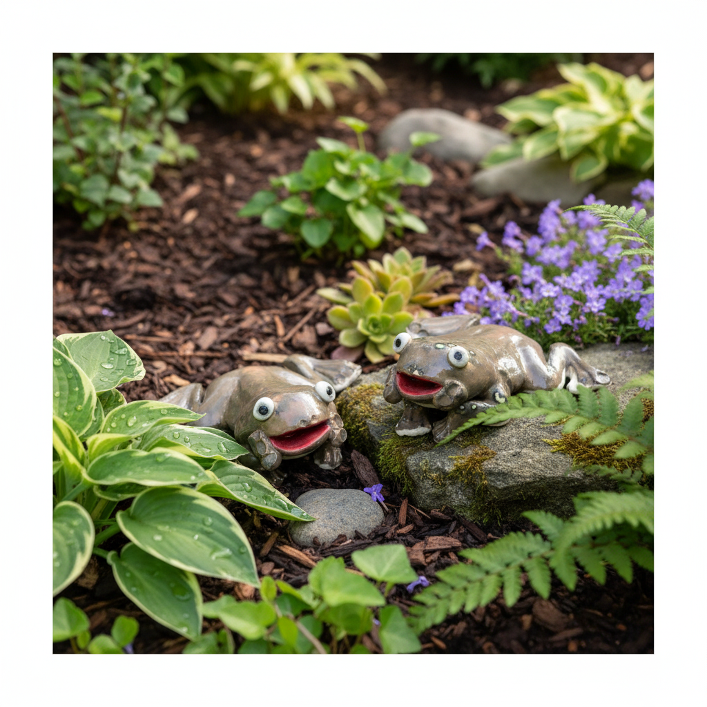 Brown ceramic frogs in garden setting
