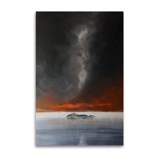 Large-scale painting Bare Island by Bruce Mortimer with moody sky and vivid orange horizon on white background