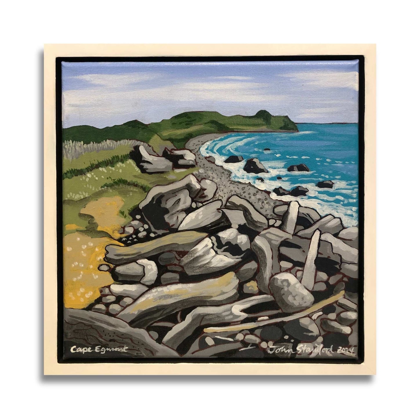 Cape Egmont by John Staniford – small original New Zealand coastal painting on a white background.