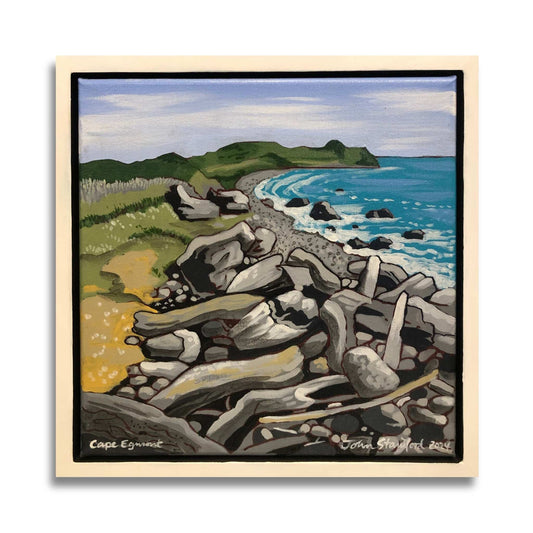 Cape Egmont by John Staniford – small original New Zealand coastal painting on a white background.